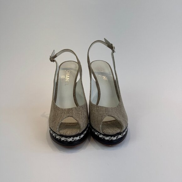 Chanel Beige Canvas and Black Leather Peep Toe Platform Slingbacks, Size 41 - Picture 2 of 14